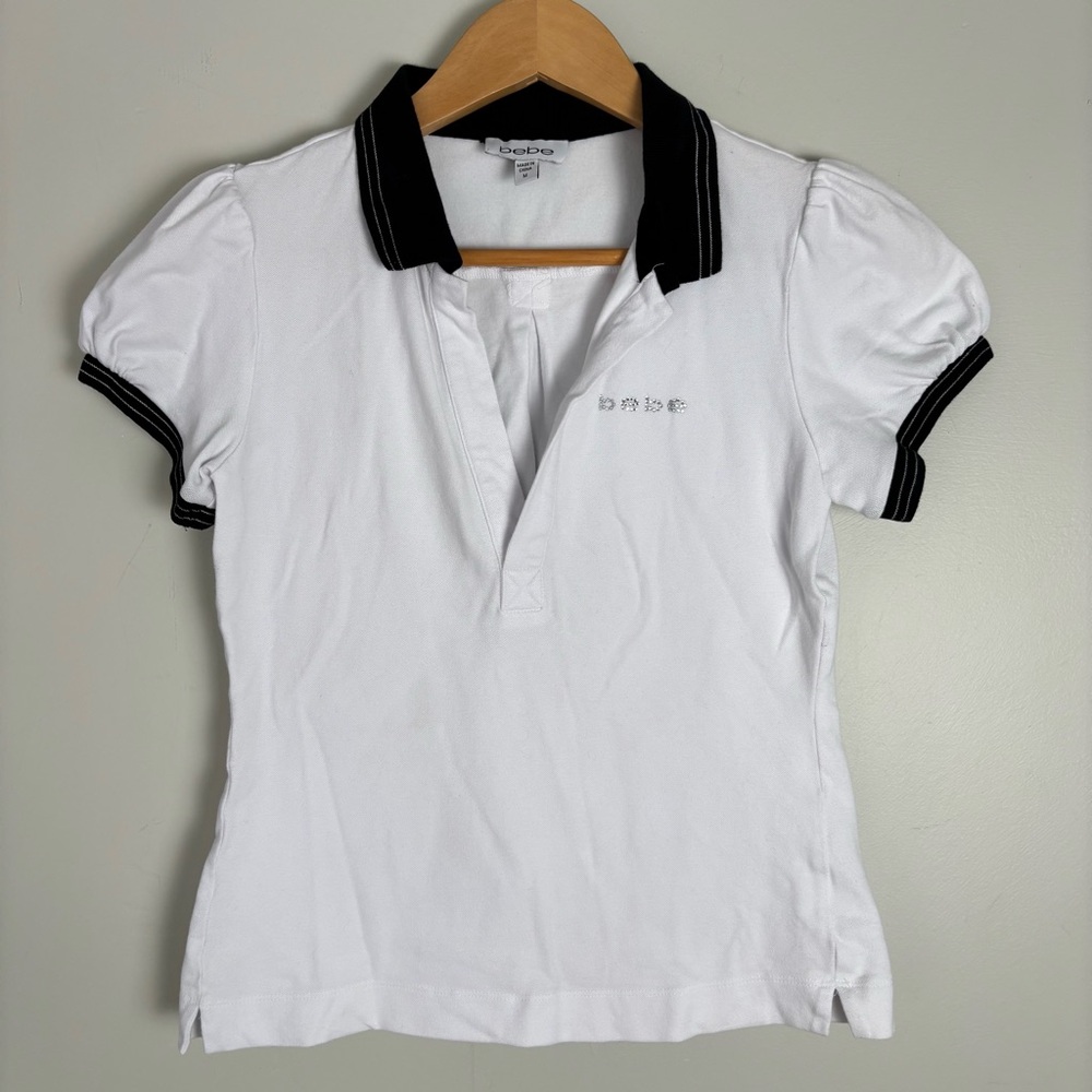 Vintage Y2K bebe Puff Sleeve Polo Shirt-Rhinestone Logo-Fitted-Black/White-M